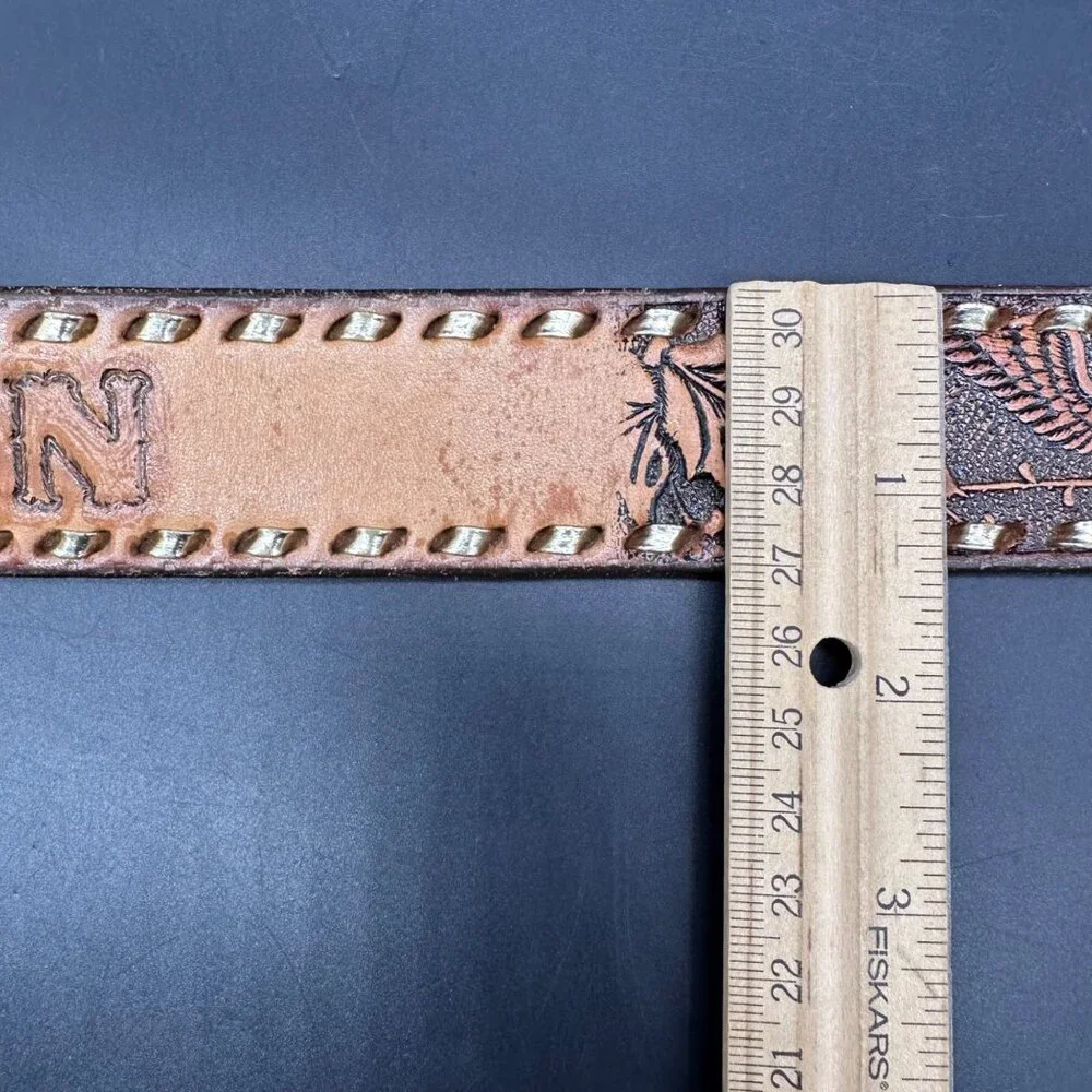 Vintage Leather Belt Eagle Leaf Western Personalized Ron Size 44 Handmade Retro - Picture 8 of 9